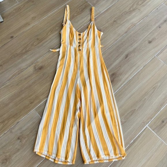 PacSun Kendall & Kylie Yellow Striped Linen Blend Jumpsuit Size Large Wide Leg - Picture 2 of 13